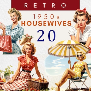 Retro Housewives Clipart, 1950s Vintage Housewife, Pin Up Girls Clip Art, 50s Png, 50s' Housewife,Polka Dot Mid Century 1950s Theme Download
