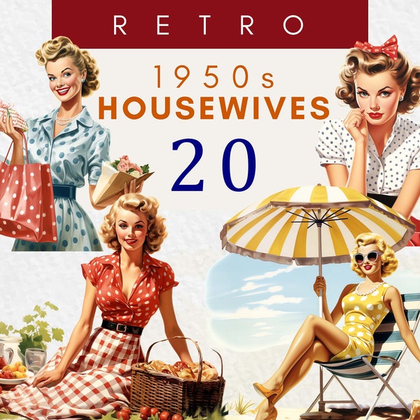 Retro Housewives Clipart, 1950s Vintage Housewife, Pin Up Girls Clip Art, 50s Png, 50s' Housewife,Polka Dot Mid Century 1950s Theme Download