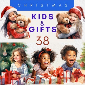 Paquete de imágenes prediseñadas de acuarela para niños y regalos de Navidad, PNG para niños lindos con caja de regalo de Navidad, árbol de Navidad y uso comercial de diseño de invierno
