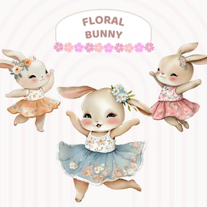Aquarell tanzende Blumen Kleid Häschen Clipart, Ostern Ballerina Häschen, Kinderzimmer Kunst Dekor, Frühling Blumen, niedliche Baby-Tiere, transparentes PNG