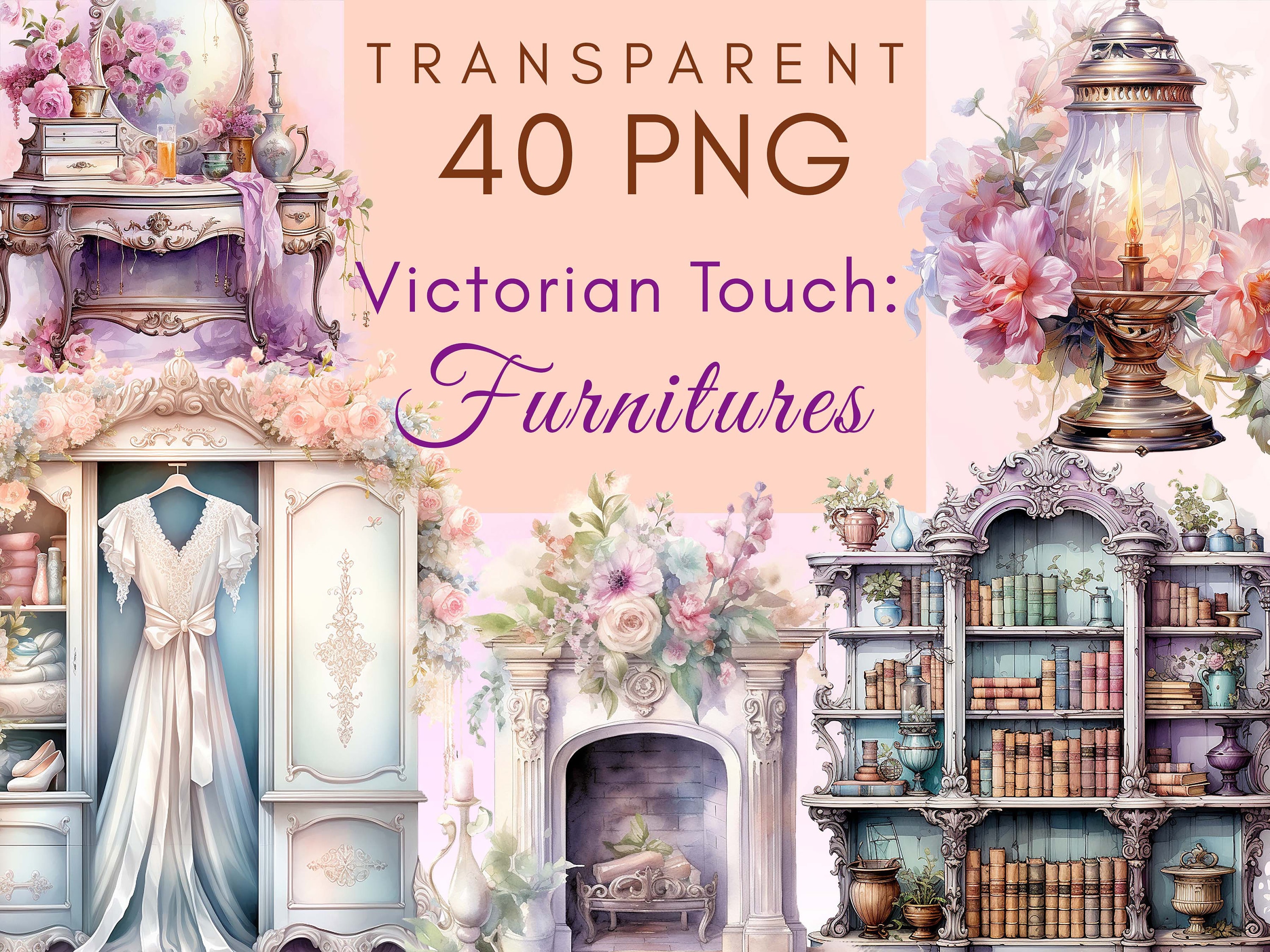 Watercolor Victorian Furniture Clipart, Boudoir Clip Art, Baroque Interior, Chair, Bookshelf, Decor, Vintage Rose, Junk Journal, Scrapbook