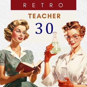 Paquete de imágenes prediseñadas de retratos de maestros retro: imágenes prediseñadas de literatura, matemáticas, ciencias, química y música: imágenes prediseñadas de pin-up retro de los años 50, lunares, aula