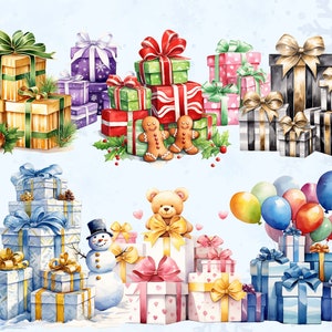 Watercolor Christmas Presents Gift Box Clipart Bundle, Xmas Gift Boxes Clip Art, Santa Claus Present, Sublimation PNG, X-mas Scrapbook zdjęcie 5