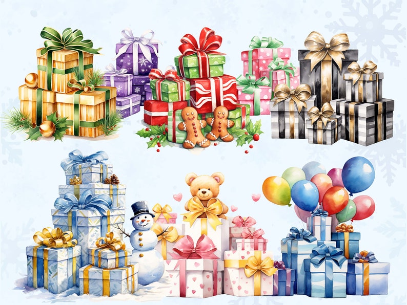 Watercolor Christmas Presents Gift Box Clipart Bundle, Xmas Gift Boxes Clip Art, Santa Claus Present, Sublimation PNG, X-mas Scrapbook zdjęcie 5