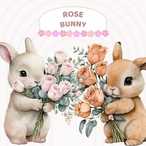 Aquarell Hase und Rosen Clipart, Osterhase, Kinderzimmer Kunst Frühling Blumensträuße, Kinderzimmer Dekor süße Baby Tiere, transparente PNG