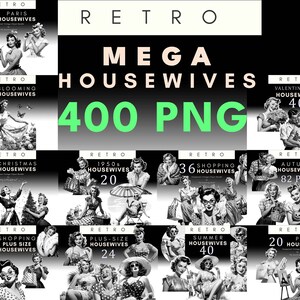 Clipart GROTE zwart-wit retro huisvrouwen, vintage huisvrouw, pin-upgirls van de jaren 1950, illustraties uit de jaren 50, png van de jaren 50, plakboek voor junkjournal uit het midden van de eeuw