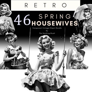 Retro lente huisvrouwen clipart, vintage huisvrouw, jaren 1950 zwart-wit pin-up girls illustraties, jaren 50 png bloemen bloem polka dot halverwege de eeuw