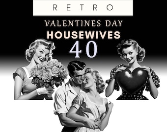 Retro Valentines Day Housewives Clipart, 1950s Vintage Housewife, Black and White Pin Up Girls Clip Art, 50's Romantic Png, Commercial Use