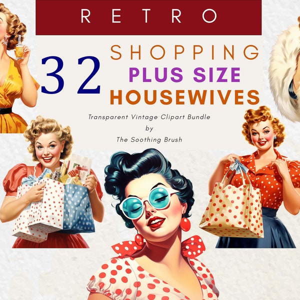 Retro Plus Size Housewives Clipart, 1950s Vintage Housewife, Pin Up Shopping Girls Clip Art, 50s Png, 50's, Polka Dot, Mid Century Scrapbook