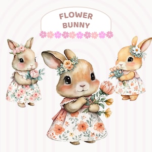 Vestido de flores de acuarela, conejito, clipart, conejito de Pascua, ramos de flores de primavera para guardería, decoración de guardería, lindos animales bebés, PNG transparente