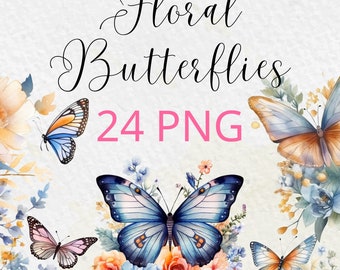 Watercolor Floral Butterfly PNG Clipart, Transparent PNG, Digital Download for Commercial Use, Junk Journal, Instant Digital Download