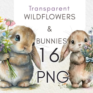 Clipart lapin aquarelle fleurs sauvages, lapin de Pâques, bouquets de fleurs de printemps pour chambre d'enfant, décoration de chambre d'enfant, jolis bébés animaux, PNG transparent