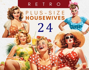 Retro Plus Size Housewives Clipart 1950s Vintage Housewife Pin Up Curvy Girls Clip Art 50s Png 50s' Housewife Polka Dot 1950s Theme Download