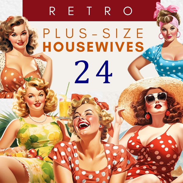 Retro Plus Size Housewives Clipart 1950s Vintage Housewife Pin Up Curvy Girls Clip Art 50s Png 50s' Housewife Polka Dot 1950s Theme Download