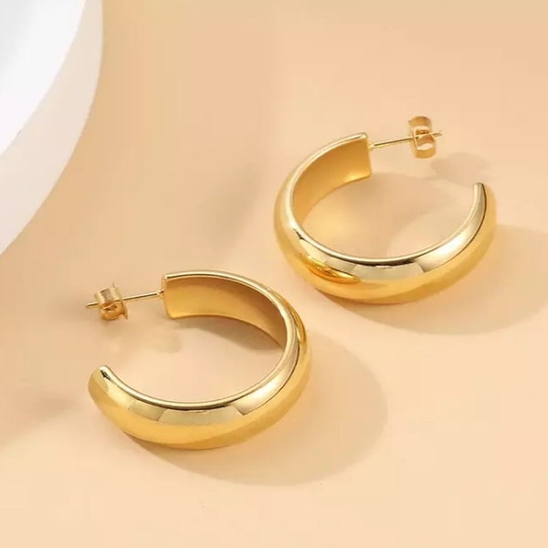 CHUNKY GOLD HOOP Earrings, Bold Hoops, Gold Hoops Medium Size, Thick Gold Hoops 18K Gold, Minimalist Earrings, Vintage Style Hoops