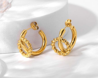 Dainty Gold Hoop Earrings, Gold Circular Hoops, Chunky Twist Hoops Earrings, 18K Gold Trendy Hoops Earrings for Women’s