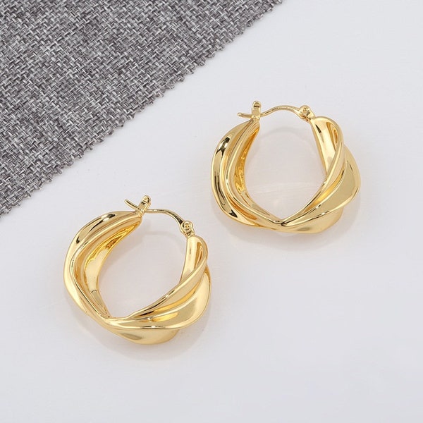 Boucle d'oreille vintage épaisse en or 18 carats - Bijoux tendance - Style minimaliste - Cadeau pour elle