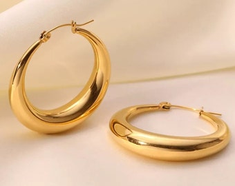 Gold Hoop Earrings, Gold Plated Hoops Medium Size, Thick Gold Hoops, Minimalist Hoops, Bold Hoop Earrings, 18K Gold Hoops