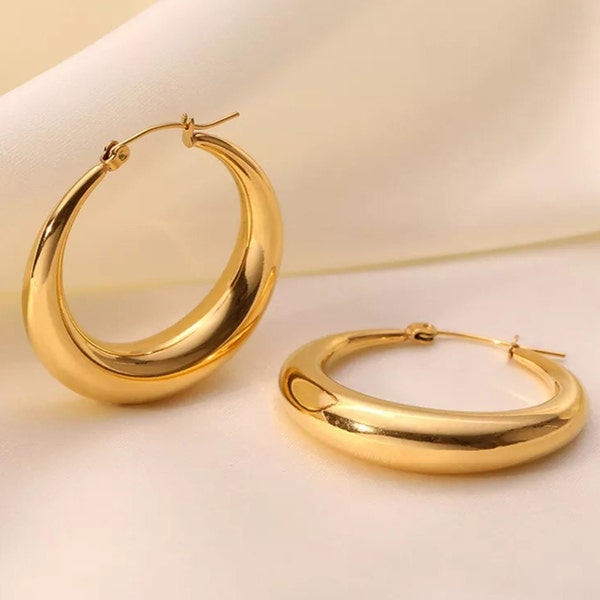 Gold Hoop Earrings, Gold Plated Hoops Medium Size, Thick Gold Hoops, Minimalist Hoops, Bold Hoop Earrings, 18K Gold Hoops