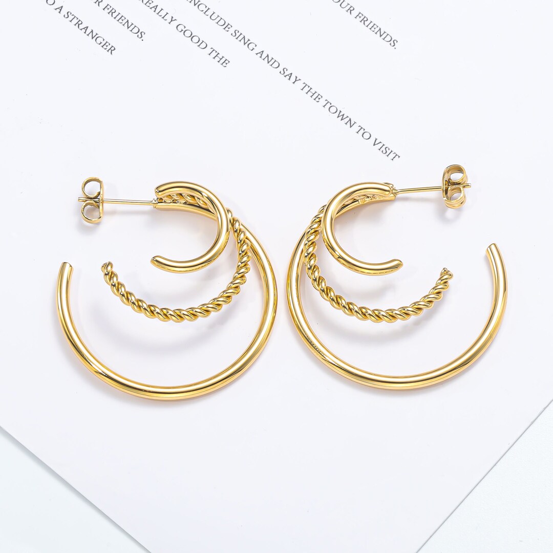 Triple Hoop Earrings, Gold Hoop Earrings, Gold Hoops Medium Size ...