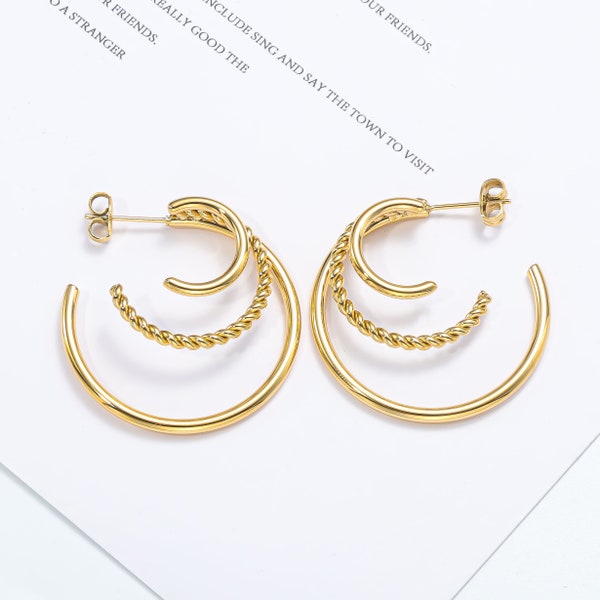 Triple Hoop Earrings, Gold Hoop Earrings, Gold Hoops Medium Size, Minimalist Hoops, 18k Gold Earrings, Waterproof and Tarnish Free