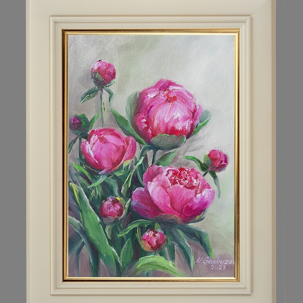 Pequeña pintura al óleo de peonía original sobre lienzo, arte de pared texturizado, pintura abstracta de flores rosas, pintura personalizada, decoración de paredes por MariLarooArt