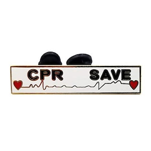 May include: White enamel pin with a red heart, a black EKG line, and the words "CPR SAVE" in black letters.