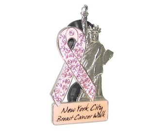NYC "PINK" Breast Cancer Walk Ribbon Awareness Lapel Pin with Gems
