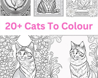 Puede incluir: Un libro para colorear con más de 20 ilustraciones en blanco y negro de gatos en varias poses. La portada muestra tres gatos en marcos ornamentados, con el texto "20+ Gatos para colorear" debajo.