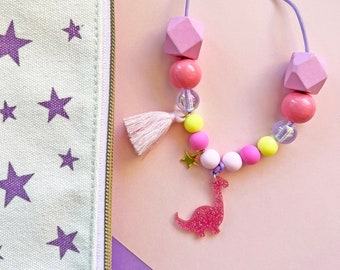Pink Glitter Dinosaur Charm Beaded Necklace, Cute Girls Necklace, Gift for Girls