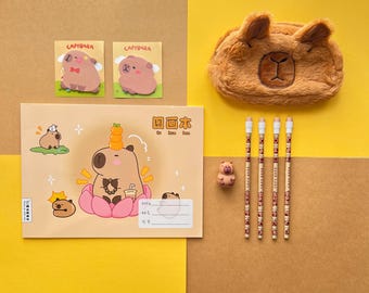Kawaii Capybara Stationery Bundle | Plush Pencil Case, A4 Sketchbook