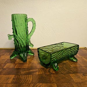 Cream and Sugar Bowl, Northwood Glass, Green Town Pump & Trough image 1