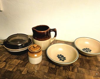 Vintage Stoneware Kitchen Items: Pyrex Bowl, Pfaltzgraff Bowls, Pottery Pitcher