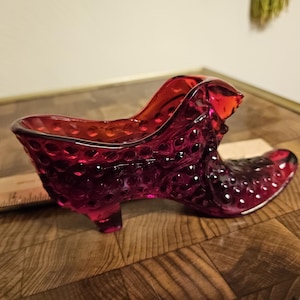 Vintage Fenton Hobnail Ruby Glass Slipper with Cat, Cranberry Red, Glows