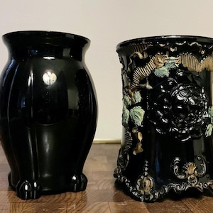 Black Amethyst Antique Glass: Scultured Rose and Leaves and Gold Garland Raised Vase, Cat Lion-Footed Vase