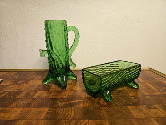 Cream and Sugar Bowl, Northwood Glass, Green Town Pump & Trough