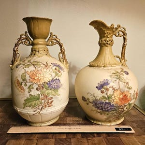 Antique Austrian Pierced Porcelain, Early 19th Century Wien Teplitz Vase and Ewer, Hand Painted Floral Chrysanthemums, Gold Detail Moriage*