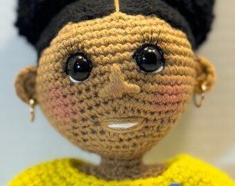 Crochet Doll, Handmade African American Crochet Doll, Brown Skin Amigurumi, Afro Puffs, Cute Handmade Gift