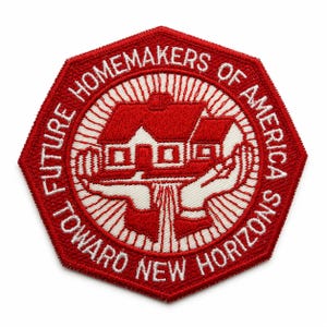 May include: A red and white embroidered patch in an octagonal shape. The center features a house held by two hands, surrounded by sunburst lines. The text reads FUTURE HOMEMAKERS OF AMERICA and TOWARD NEW HORIZONS in white capital letters.