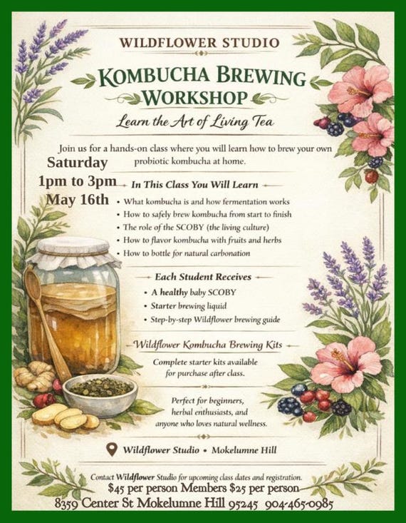Wildflower Kombucha Brewing Workshop w/ SCOBY & Starter Kit | Zoom Class Available | Fermentation Workbook | Kombucha Workshop Printable