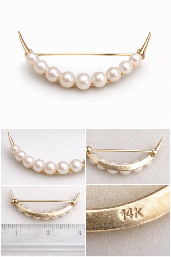 Vintage 14K Gold Pearl Brooch – Crescent Bar Pin with Graduated Cultured Pearls – Estate Jewelry
