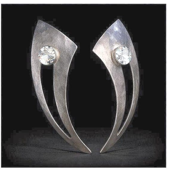 Ed Levin Sterling Silver Crystal Pierced Earrings – Mid Century Modernist Sculptural Statement Jewelry