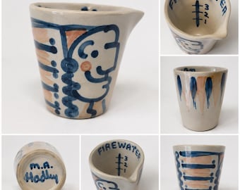 Vintage M.A. Hadley Firewater Schnapsglas Jigger | Handbemalte Keramik Messbecher | Volkskunst Keramik Barzubehör | Indianer Häuptling Motiv