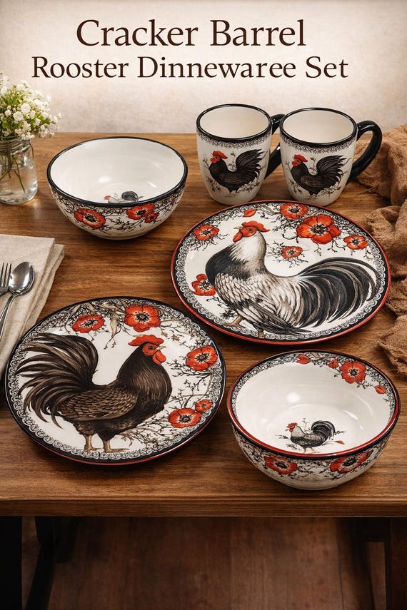 Cracker Barrel Rooster Dinnerware Set – Farmhouse Chicken Plates, Bowls & Mugs – Rustic Country Kitchen Decor