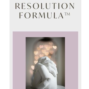 May include: The image features the text "CONFLICT RESOLUTION FORMULA" above a sculpture of clasped hands. The hands are white, with a soft focus background of heart-shaped lights. The background is a light purple.