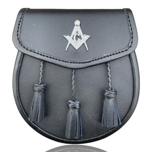 Scottish Handmade Black Leather Sporran with Masonic Buckle & 3 Tassels – Free Chain Belt Included