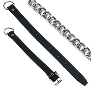 May include: Two black leather straps with silver metal rings and a silver metal buckle. A silver metal chain is also in the image. The straps have a textured surface and are designed with multiple holes for adjustment.