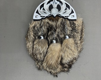 Handcrafted Fur Kilt Sporran – Semi-Dress with Thistle Emblem & 3 Tassels | Traditional Scottish Sporran for Kilt Outfits