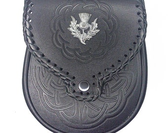 Black Leather Kilt Sporran for Men – Scottish Thistle Design – Highland Bag with Chain Belt