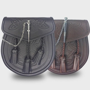 Black /Brown Leather Kilt Sporran – Handmade Celtic Day Sporran with Embossed Detail & Chain Strap – Traditional Scottish Highland Accessory